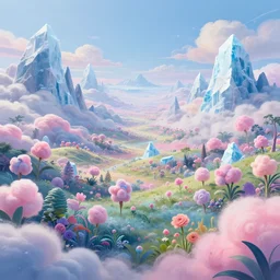 a psychedelic realm with rolling plains made out of clouds, mountains made out of icebergs, and plant life made out of cotton candy, in the style of wlop and lisa frank, illustration, epic, fantasy, hyper detailed, smooth, unreal engine, sharp focus, ray tracing