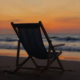 silhouette painting of a beach chair at sunset with ocean waves in background, natural light, concept art, by greg rutkowski, cozy atmospheric and cinematic lighting