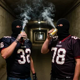 two thugs smoking and drinking cans of beer in a long dark tunnel wearing balaclavas, football hooligans