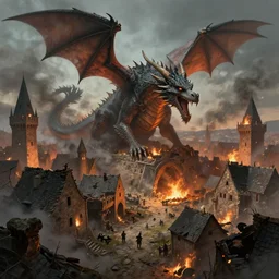 medieval town destroyed by a dragon, artwork, smoke, fire, digital art