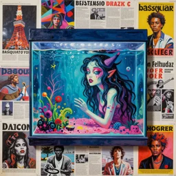acrylic painting of a bizarre nightmare woman in front of an aquarium in tokyo, mixed media collage by basquiat and jackson pollock, maximalist magazine collage art, retro psychedelic illustration, 1 9 7 0 s
