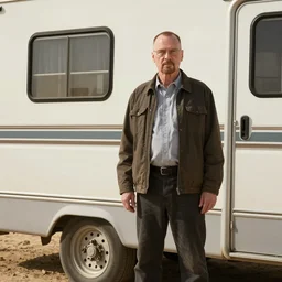 walter white. standing beside an rv. backround: desert,