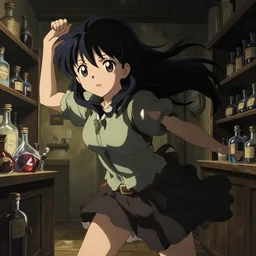 anime visual, portrait of a young female traveler in a alchemist's potion shop interior, cute face by yoh yoshinari, katsura masakazu, studio lighting, dynamic pose, dynamic perspective, strong silhouette, anime cels, ilya kuvshinov, detailed, rounded eyes, moody, dramatic