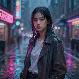 detailed painting, a girl standing in the rain, neon lights, featured on artstation, cinematic lighting, kashin, wadim