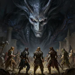 picture of massive spectral revenant, looking down to a party of five adventurers, highly detailed, detailed face, smooth, sharp focus, chiaroscuro, digital painting, artgerm and greg rutkowski and alphonse mucha