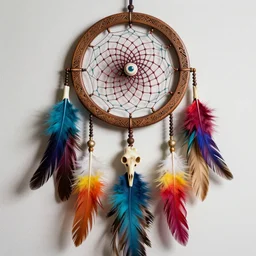 an intricate and ornate dreamcatcher with colorful feathers, bones and carved wood patterns isolated on a white background, 4k, ultra realistic, octane render, trending on artstation