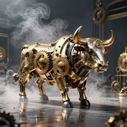 a clockwork mechanical bull there are gears sticking out of the bull the room is filled with steam, ultra high detail, high particle effects, highly reflective surface, realistic reflections