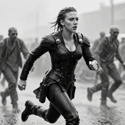 black and white scarlett johansson wearing rain soaked armour in the pouring rain, running from zombies in the background, frank frazetta manga style, hyper realism, pencil and ink, full body action pose, dynamic lighting in a post apocalyptic city, at night with dramatic moonlight, drawn with added movement effects, cinematic effects vfx, dynamic angle