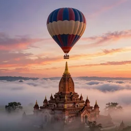 a stunning ultra detailed fantasy national geographic photo of a hot air balloon directly above a burmese pagoda, cloud layer, by gediminas pranckevicius and tomasz alen kopera, fog layer, sunset sky, artstation, 8 k, 2 4 mm lens, deep depth of field, golden hour hues, vibrant colors, hyper realistic