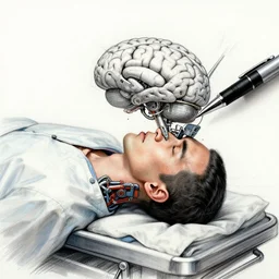 a ballpoint pen sketch of a digital brain encased in machinery being removed from a patients head as they lay on a cyberpunk operating table. futuristic, ghost in the shell style!! highly detailed rendering