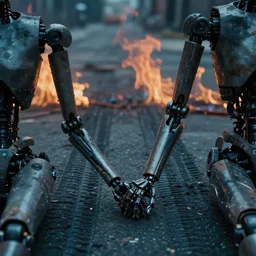 vfx film closeup, dead robot couple on the ground holding hands, city street tire tracks fire. flat color profile low - key lighting award winning photography arri alexa cinematography, hyper real photorealistic cinematic atmospheric cool colorgrade