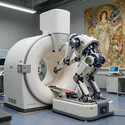 futuristic robotic neoclassical cybernetic symbiosis thick bifurcated robotic cnc surgical hybrid mri 3 d printer machine making a biolab, sci - fi, highly detailed, wide range pantone colors, hyperrealistic, artstation, concept art, unreal render, sharp focus, illustration, art by greg rutkowski and artgerm and alphonse mucha,