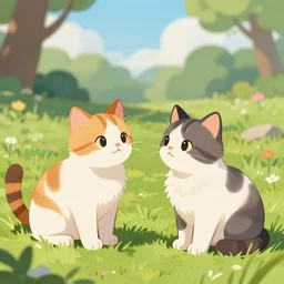 two cute calico cats looking at eachother outside in the grass on a beautiful day, two multi - colored calico cats, artstation, cgsociety, storybook art