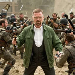 cinematic action shot of an epic battle but everyone is Walter White