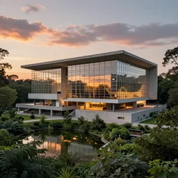 a stunningly detailed arts center designed by Le Corbusier, surrounded by lush green forest, ponds of water, stunning volumetric lighting, sunset, metal, concrete, stunning skies, trending on Artstation, 8k, photorealistic, hyper detailed, unreal engine 5, IMAX quality, cinematic, epic lighting, in the style of Greg Rutkowski