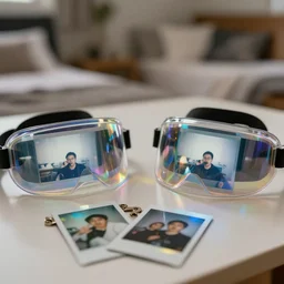 curved transparent holographic videos, volumetric lighting, bedroom, visor, users, pair of keycards on table, bokeh, creterion collection, shot on 7 0 mm, instax
