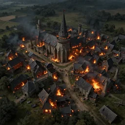 burning village, aerial view, dark ages, medieval, fantasy, dnd, realistic, artstation
