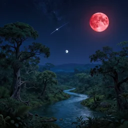beautiful fantasy landscape, trees, river, night, stars, shooting stars, a red moon and a white moon, by james gurney, concept art, matte painting, intricate, hyper detailed, volumetric lighting, sharp focus, octane render, trending on artstation, 8 k