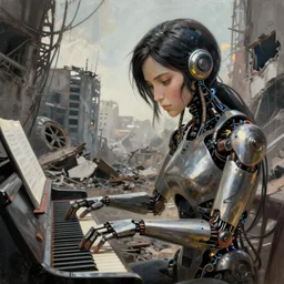 cyborg machine robots play piano in post - war city ruins, wires bare, beautiful face, alita : battle angel style, dreamscape, digital painting, concept art, 8 k, by anna dittmann