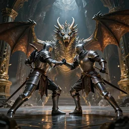 knights and dragon god of war style fight in big cave, movie action scene, 8 k, lumen reflections, sharpened, insanely detailed and intricate, elegant, ornate
