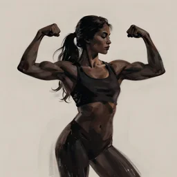 vector image of a female figure posing in power, flexing muscles, long hair, dark figure, brushstrokes, by ismail inceoglu, extremely detailed, 8 k