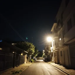 sun is shining on the street, the sky is black with stars
