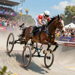 roman horse chariot racer high jumping with chariot in a skate park half-pipe, video game cover, intense, high detail, crowd cheering