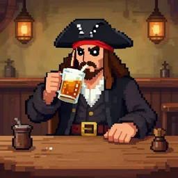 important pirates drinking grog in a tavern table pixel