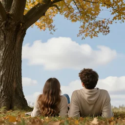 clothed young man and woman with long brown hair, laying under a tree looking at clouds autumn, ( ( ( wearing jeans ) ) ), by stanley artgerm lau, greg rutkowski, thomas kindkade, alphonse mucha, loish, norman rockwell