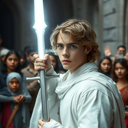 a handsome young guy in white clothes and with a sparkling white sword. there is a crowd of surprised people around him. hyper - realistic picture.