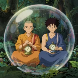 hyperrealist, studio ghibli dull colors portrait from close encounters of the third kind 1 9 7 7 of two multi - colored pocketwatch monks swaying in a jungle bubble stonehenge.