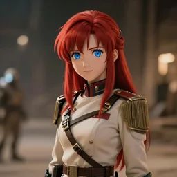 anime girl with red hair and blue eyes wearing a soldier outfit in mos eisley, cinestill 8 0 0 t, 8 5 mm f / 1. 8, bokeh, cinematic