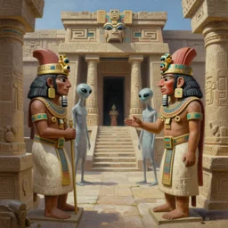 pacal Votan and Aztec priests greeting aliens in an ancient Aztec temple. Highly detailed oil painting by Tom rutkowski