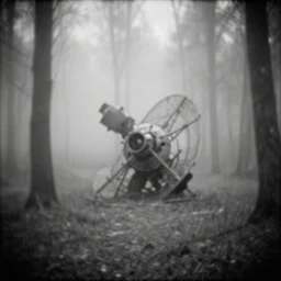 soviet satellite wreckage in the misty wood, pale light, pinhole camera effect, lomography effect, analogue photo quality, monochrome, blur, unfocus