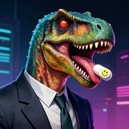 comic style illustration of a dinosaur wearing a suit, sticking its tongue out, with a pill on its tongue, and an acid house smiley face on the pill, highly detailed, full - colour, cyberpunk, geof darrow