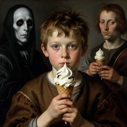 a boy made of icecream, looking straight into camera, by giuseppe arcimboldo and ambrosius benson, renaissance, a touch of beksinski and hr giger and edward munch, realistic