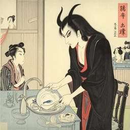 expressive and intensive, black ink & copic markers, vibrant muted colors, nostalgic still of [ satan, lord of darkness 😈 ] [ doing the dishes ], sideview, medium shot, by ( arthur adams ), by ( tom bagshaw ), by henry asencio, by kikuchi hideyuki, ukiyo - e