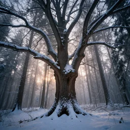 photorealistic beautiful oldest tree in strange forest, snow, volumetric light, volumetric dusk fog, rule of thirds