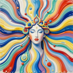 portrait of a goddess emerging from many - colored streams of paint, psychedelic, trippy, abstract, symmetric, mirrored, irridescent, vector art, clean lines, trending on artstation, luminescent, high - detail, octane render, 8 k