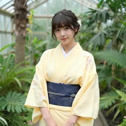 a young beautiful woman wearing a yellow kimono in a tropical greenhouse, photo