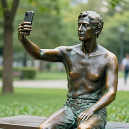 photo still of a bronze statue of a person using an iphone to take a selfie, park on a bright sunny day, 8 k 8 5 mm f 1 6 1 0 0 3
