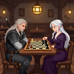 Geralt of Rivia, yennefer, triss and Ciri playing chess in a tavern. geralt de rivia and ciri play at a table in the middle of the tavern, pixel art by Gerardo Quiroz, devian art, 4k
