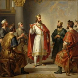oil painting of a king giving order to his ministers