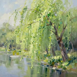 A gentle breeze blows the willow trees in early spring , abstract, oil painting, by Zhao Wuji