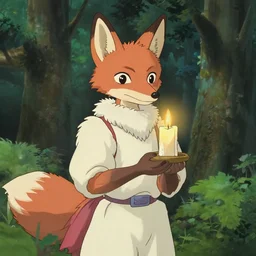 a fantasy fox humanoid anime character carrying a candle in his hands, the forest, by studio ghibli and japanese style