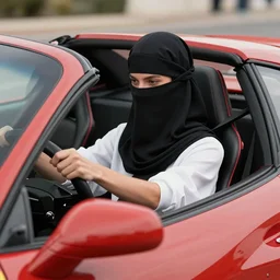 supermodel driving a Ferrari, wearing a niqab, trending art station, 8k, in style steve meiele, annie leibovetz, david lachapelle