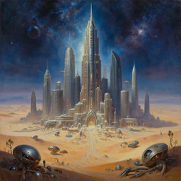 portrait oil painting, alien cityscape, skyscrapers, alien desert, cosmic space sky, ultra realistic, wide, intricate details, artifacts, luminous skies, highly detailed, michael cheval, peter mohrbacher, boris vallejo, jessica rossier, denis villeneuve film look