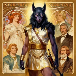 STAR TREK Gucci werewolf designed in ancient Greece, (SFW) safe for work, photo realistic illustration by greg rutkowski, thomas kindkade, alphonse mucha, loish, norman rockwell