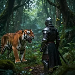 a strong knight is facing a horrific, ravenous tiger in a densely overgrown, eerie jungle, fantasy, stopped in time, dreamlike light incidence, ultra realistic