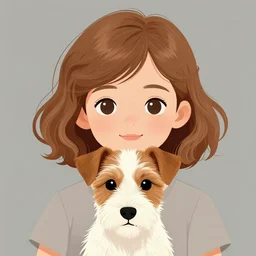 seven year old girl with short wavy curly light brown hair with a wire haired jack russell terrier puppy, white with brown patches over both eyes. highly detailed. clean cel shaded vector art by lois van baarle, artgerm, helen huang, by makoto shinkai and ilya kuvshinov, rossdraws, illustration, art by ilya kuvshinov